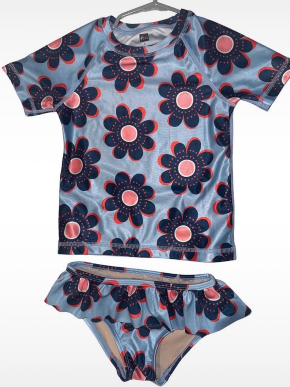 Tea Collection Girls' Blue Floral Rash Guard Swim Set size 4